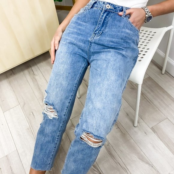 High Waist Ripped Boyfriend Jeans - Picture 1 of 8